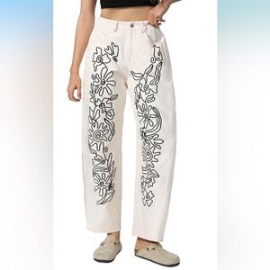 Cream mid rise barrel leg jeans with Black Floral Design
